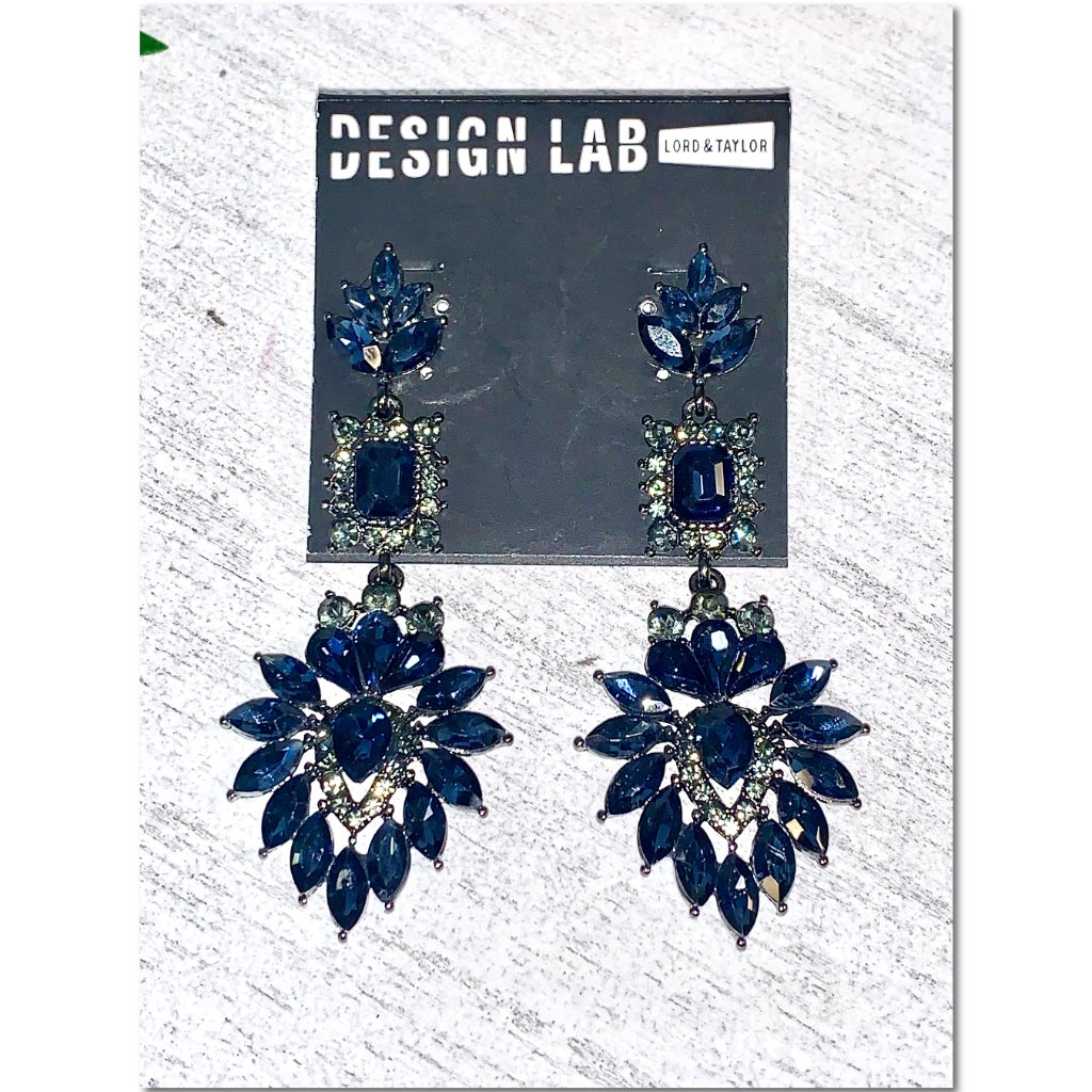 Design Lab Lord & Taylor Midnight Blue Crystal Cluster Dangle Earrings Nwt